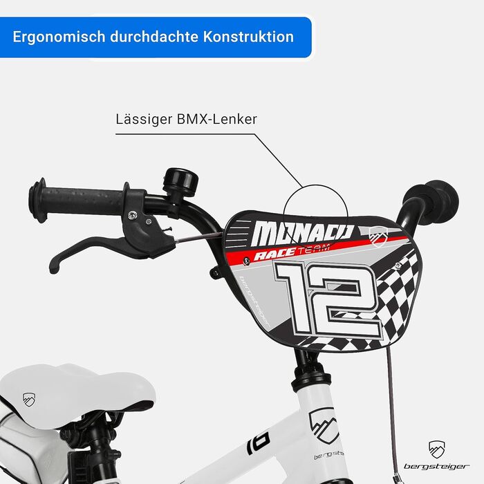 Дитячий велосипед Bergsteiger Monaco 12 дюймів, для 3-4 років, BMX, з додатковими колесами, заднім гальмом, пляшкою та захистом ланцюга