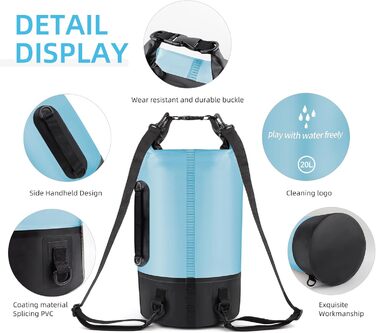 Водонепроникний сухий мішок GES 20 л Roll-Top з кишенею для телефону - для каякінгу, сплаву, кемпінгу та риболовлі (Світло-блакитний)