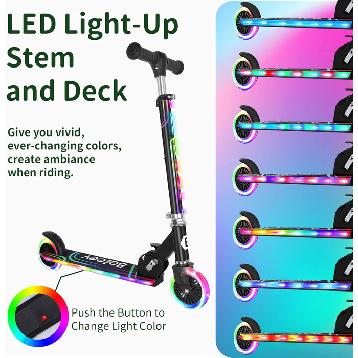 Белеїв V2 Роликовий Самокат для дітей 3-12 років з LED-підсвічуванням, регульованою висотою та заднім гальмом, складний, чорний