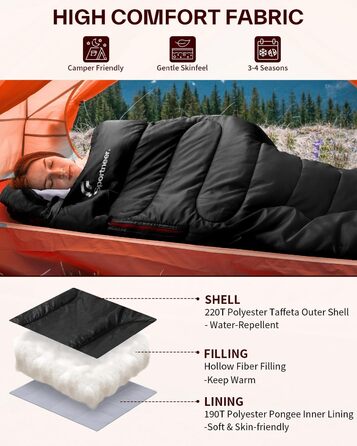 Спальний мішок Sportneer Outdoor 3-4 сезони для дорослих, 200x85см, чорний