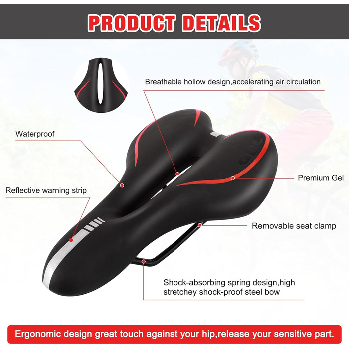 Велосипедне сідло ENJOHOS, водонепроникне, PU, для гірського, трекінгового, туристичного та шосейного велосипедів (червоне гелеве)