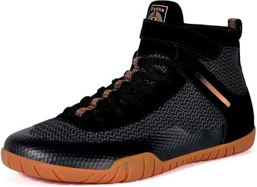 Черевики для боротьби, боксерські, фітнес, важкої атлетики та пауерліфтингу з плоскою підошвою (42 EU, широкі, чорний та золотий)