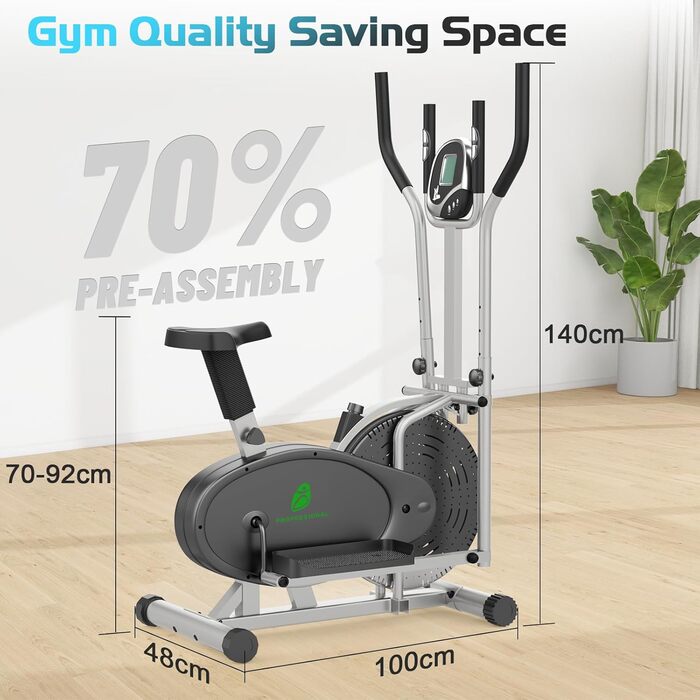 Еліптичний тренажер 2 в 1 для дому: крос-тренажер та фітнес-степер з LCD-монітором та регулюванням навантаження (срібний)