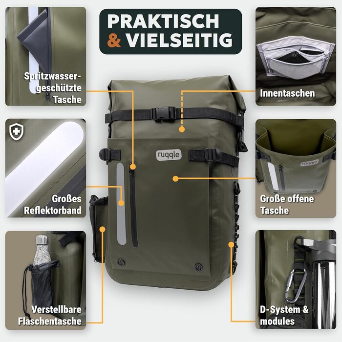 Водонепроникний рюкзак Ruqqle 45 л, RollTop, 3 зовнішні кишені, для пляжу, човнів, каяків, подорожей, кемпінгу, риболовлі та мотоциклів (Блакитний)