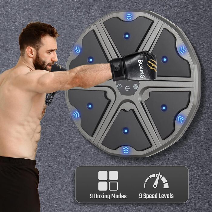 Музична боксерська машина Todeco з LED, Bluetooth, рукавичками та настінною ціллю - 9 режимів швидкості та режим підрахунку для дітей та дорослих