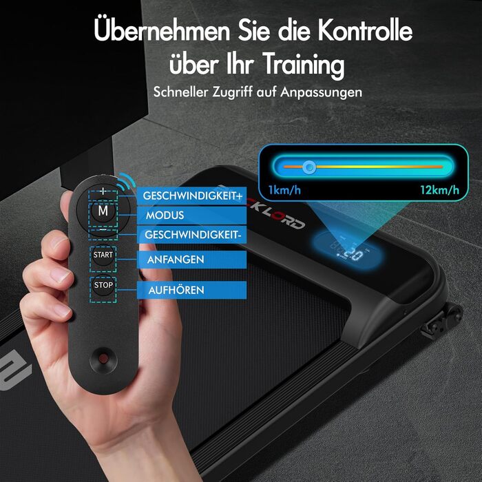 Walkingpad Laufband BLACK LORD MS2: біговий доріжки, 9-16 км/год, регулювання нахилу до 9%, 2.2-3.2 PS, до 140 кг, портативний, тихий, LED-дисплей, додаток, для дому та офісу, біг, фітнес-машина (чорний)