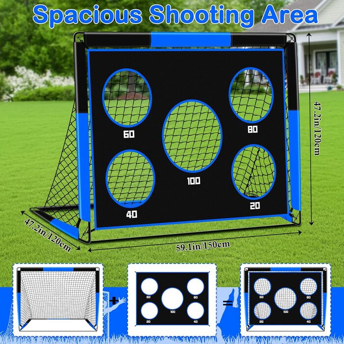 Дитячі ворота для футболу 2-в-1, 150 x 120 см, переносні та стабільні, з 5 цілями, 4 земляні кілочки та сумка, для саду, парку, пляжу (блакитні)