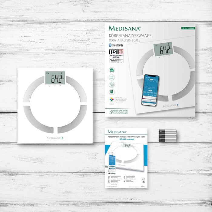 Medisana BS 444 Connect – смарт-ваги для аналізу складу тіла, 180 кг, вимірювання жиру, води, м'язової маси, кісткової тканини, Bluetooth, додаток, біла