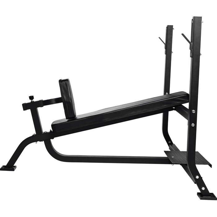 Лава для жиму GORILLA SPORTS® з регульованою спинкою, гантельною стійкою, 6 положень, 165x128x121 см, до 280 кг, гумові ніжки, чорна – тренувальна лавка для фітнесу та жиму лежачи