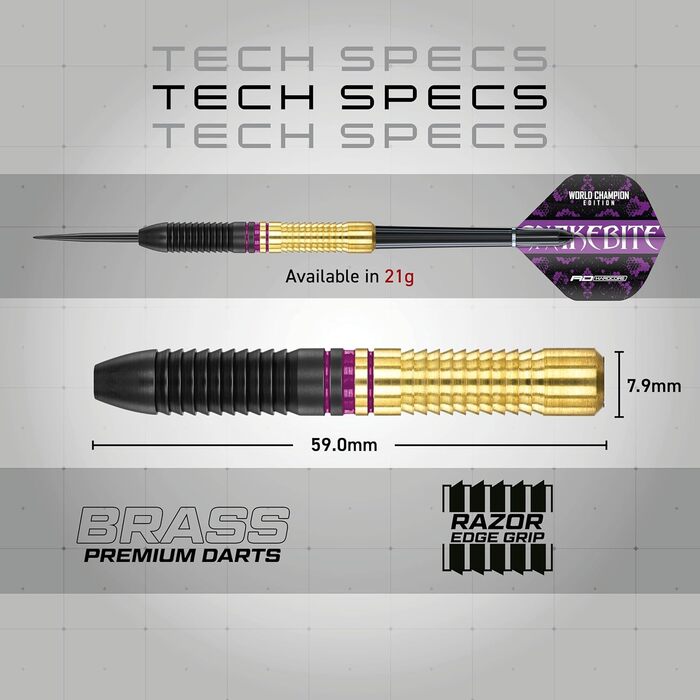 Дротики для дартсу Red Dragon Peter Wright Snakebite Brass з латуні, сталевий наконечник, фіолетові