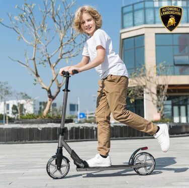 Скутер Lamborghini Tretroller Cityroller з великим колесом, складний, регульована висота, для дорослих та дітей, з підставкою, передньою амортизацією та гальмом на задньому колесі, до 100 кг (Сірий)
