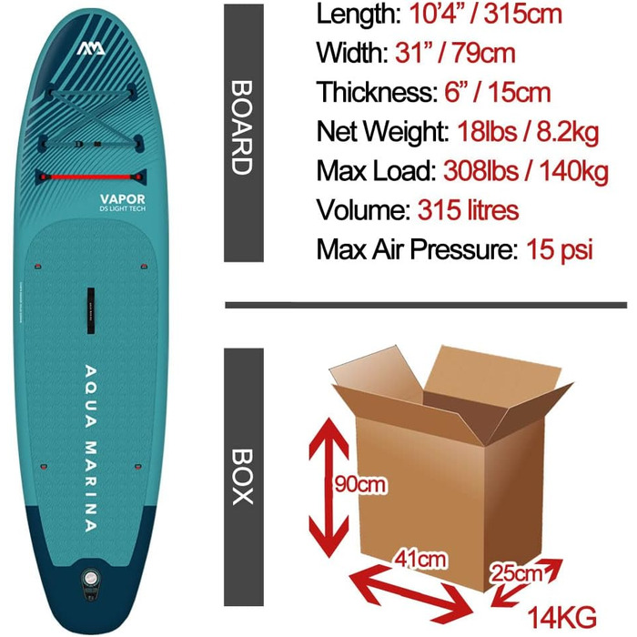 Надувна SUP-дошка Aqua Marina Vapor 315 см з веслом, лішем, рюкзаком і насосом, бірюзова для плавання та серфінгу