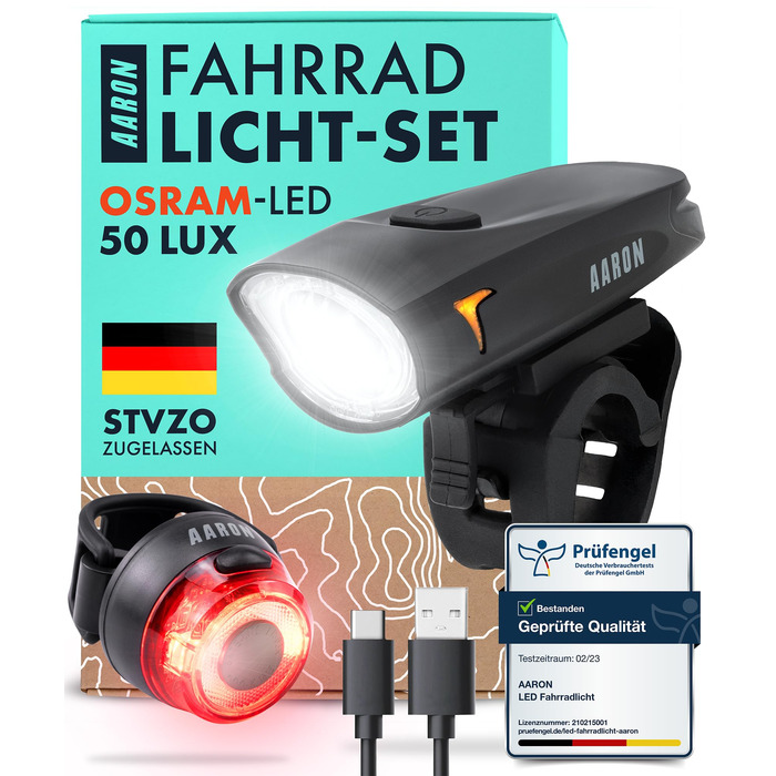 Велосипедні ліхтарі AARON 50 LUX: комплект для міських поїздок та електровелосипедів, сертифіковано StVZO, USB-зарядка, водонепроникні. Комплект освітлення для велосипеда (передній + задній)
