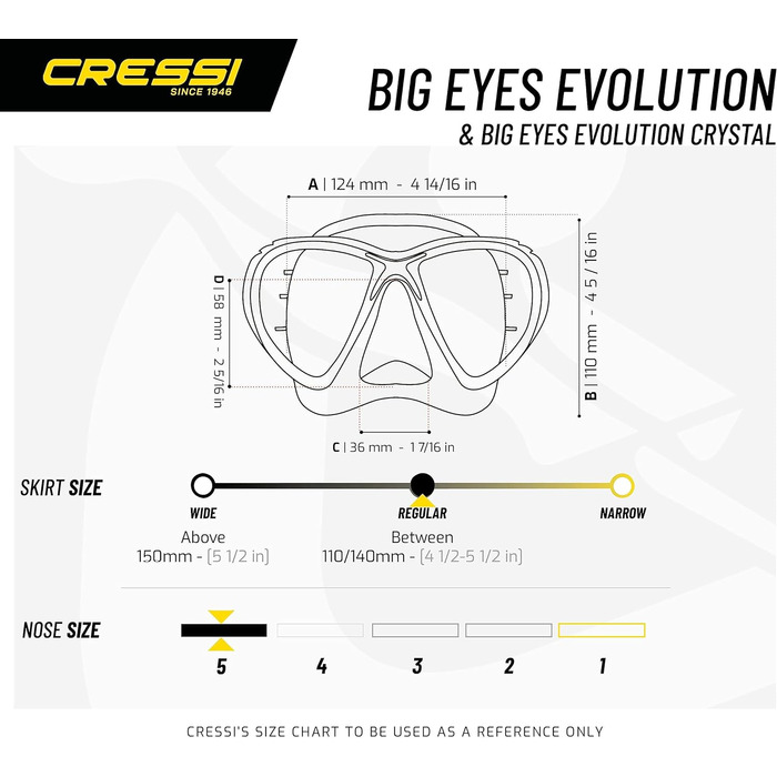 Дайвінг-маска Cressi Big Eyes Evolution для дорослих, чорна/жовта, високоякісна