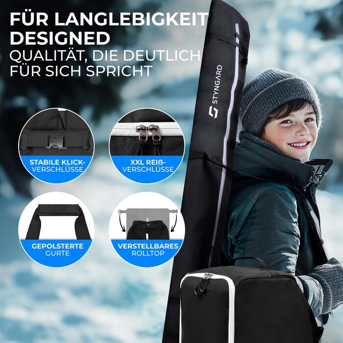 Набір STYNGARD для лиж: сумка для лиж (120-160 см) та сумка для лижних черевиків з відділенням для шолома (40 л), з вентиляційними гратами, модель St. Moritz (чорно-білий)