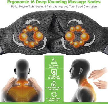 Масажер для шиї Shiatsu з підігрівом, електричний масажер для спини, плечей, ніг, ступнів. Ідеальний подарунок для зняття м'язового болю вдома та в офісі, чорний