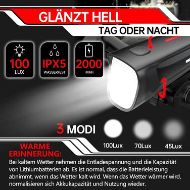LED велосипедне освітлення: комплект 100 Lux, сертифікований StVZO, USB зарядка, водонепроникність IPX5, переднє та заднє світло з функцією гальмування