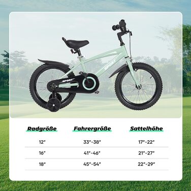 Дитячий велосипед BODIOO 12 дюймів, з регульованим сидінням, двома гальмами, підставкою, відбивачем та бризговиком, для дітей 84-97 см, колір м'ятно-сірий