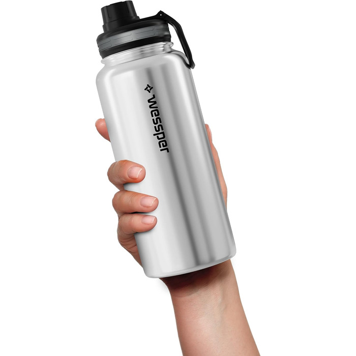 Wessper термос із нержавіючої сталі 1 л, герметична, BPA Free, 3 кришки, срібляста, пляшка для води для спорту, дітей і дорослих, для кемпінгу, велосипеда, outdoor
