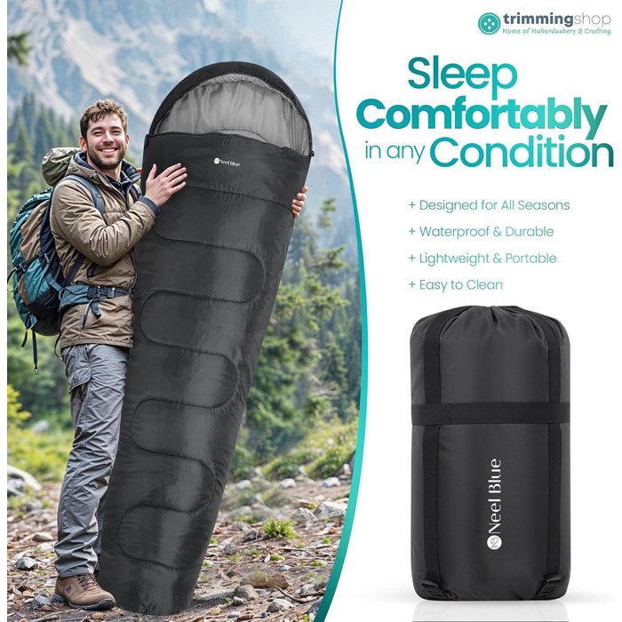 Спальний мішок Mumienschlafsack для дорослих - легкий, компактний, водонепроникний з капюшоном, 220x85 см. Підходить для кемпінгу, походів та подорожей (Чорний)