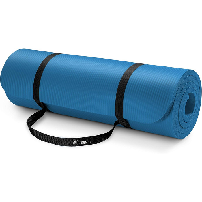Гимнастичний килимок TRESKO для пілатесу та фітнесу, протиковзний, без фталатів, з ременем для перенесення, синій, 185x60x1.0 см