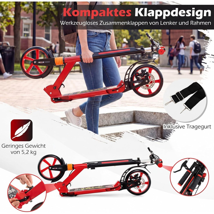 COSTWAY Кискскутер з дзвіночком та підставкою, регульована висота керма, складний, вантажопідйомність до 100 кг, з ременем для перенесення, для дітей та дорослих (червоний)