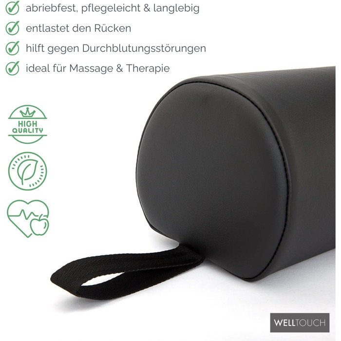 Валик для масажу WellTouch 3/4 круглий, опора під коліна для масажного столу, подушка для масажу та терапії, розмір М 65x14,5x13 см, чорний