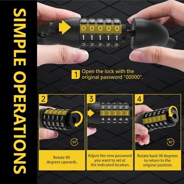 Замки для велосипеда з кодом 12 мм/120 см, антикрадійний трос, 5-значний код, вологостійкий, для велосипеда, електровелосипеда, дитячої коляски, драбини (чорний)