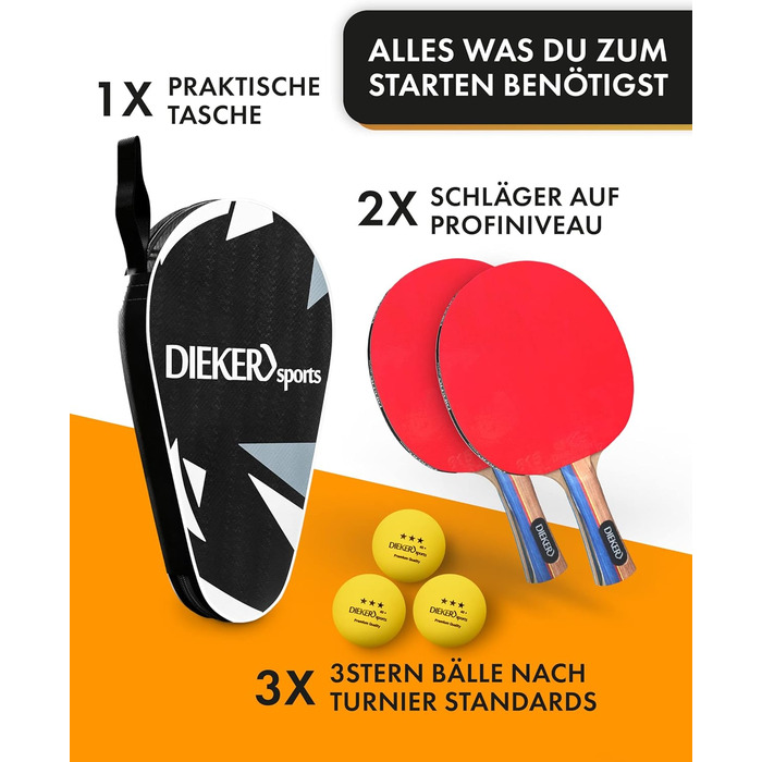 Набір для настільного тенісу DIEKER | 2 ракетки, 3 м'ячі, сумка | Для всієї родини, чорний