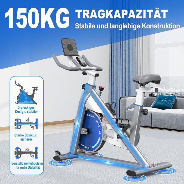 Велотренажер FYSIQ Heimtrainer, 300 Вт, 150 кг, дисплей RPM, тримач для планшета, білий