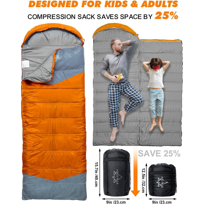 Спальні мішки для дорослих та дітей – для холодної та теплої погоди. Водонепроникний, легкий спальний мішок для кемпінгу, походів та трекінгу (з компресійним мішком). Підходить для 3-4 сезонів, 10-20°C, 1.5KG – Чорний та Оранжевий