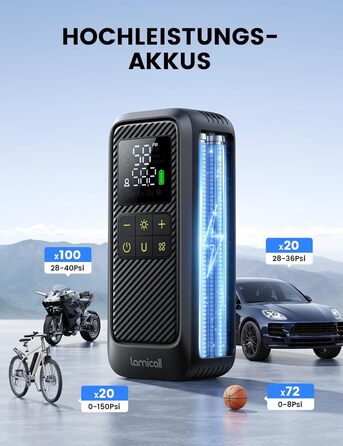 Електричний насос Lamicall для велосипедів, авто, мотоциклів та м'ячів з LED-підсвічуванням - 150 PSI, 5x швидше