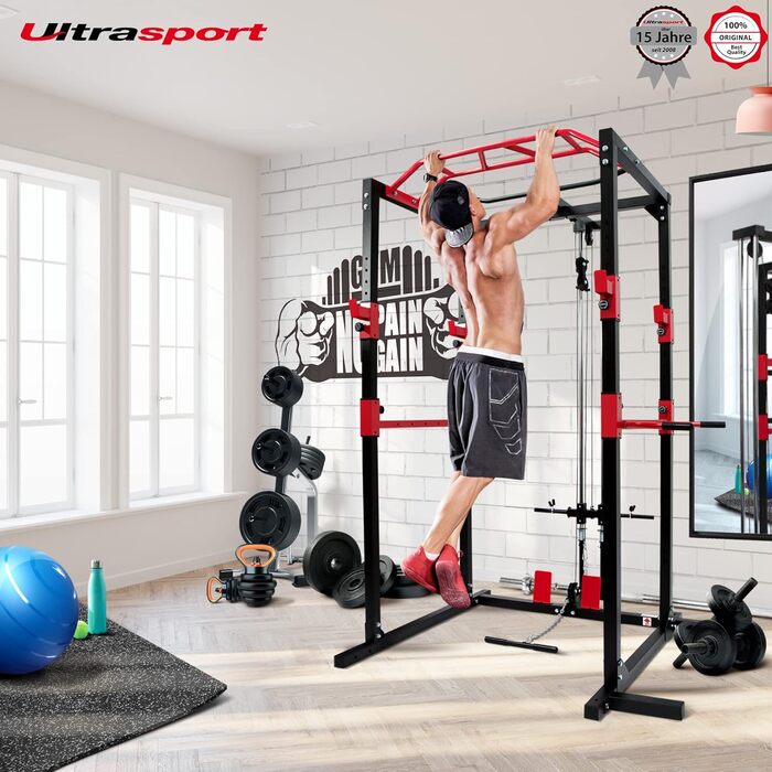 Універсальна силова стійка Ultrasport з набором рукояток – базовий павер рек для домашнього спортзалу, з весловою рукояткою та трицепсовим канатом, для ефективного тренування всього тіла