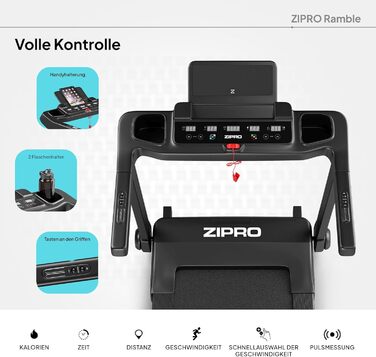 Біговий тренажер ZIPRO Klappbar: 1-16 км/год, 12 рівнів нахилу, LED-дисплей, компактний та тихий, з додатком