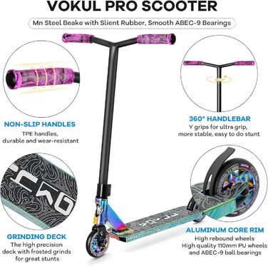Трюковий самокат VOKUL Pro BZIT K1 для дітей, підлітків і дорослих, 110 мм колеса з алюмінію, фрістайл самокат для трюків, подарунок 2022, неоновий колір