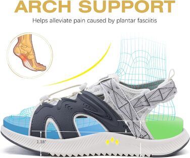 ONCAI Легкі сандалі для жінок, спортивні трекінгові сандалі з підтримкою стопи та ортопедичною устілкою для Plantar Fasciitis, регульовані ремінці, розміри 36-43 (43 EU, сірий та білий)