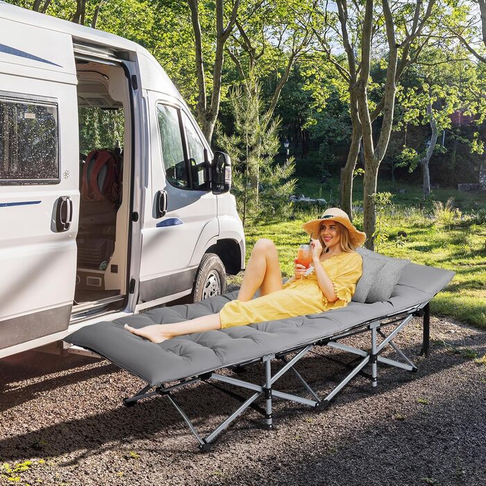 Розкладне ліжко Bonnlo для кемпінгу з матрацом – ліжко для риболовлі, відпочинку на природі, у саду, на пляжі, 190×71x36 см, сірий