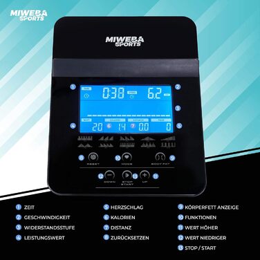 Велотренажер Miweba Sports ME500 з магнітним опором, 14 кг маховик, 150 кг навантаження, керування через додаток, LCD-дисплей, пульсометр, для дому, чорний