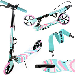 Самокат Raven Zea Mint/Pink для дорослих і дітей, складний, 200 мм, з ручним гальмом, дзвіночком і тримачем для пляшки, міський кік-скутер