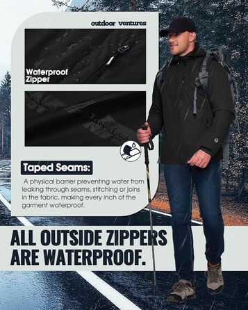 Чоловіча водонепроникна куртка-вітровка Outdoor Ventures: дихаюча легка куртка для велосипеда, хайкінгу та кемпінгу, чорна, розмір XXL