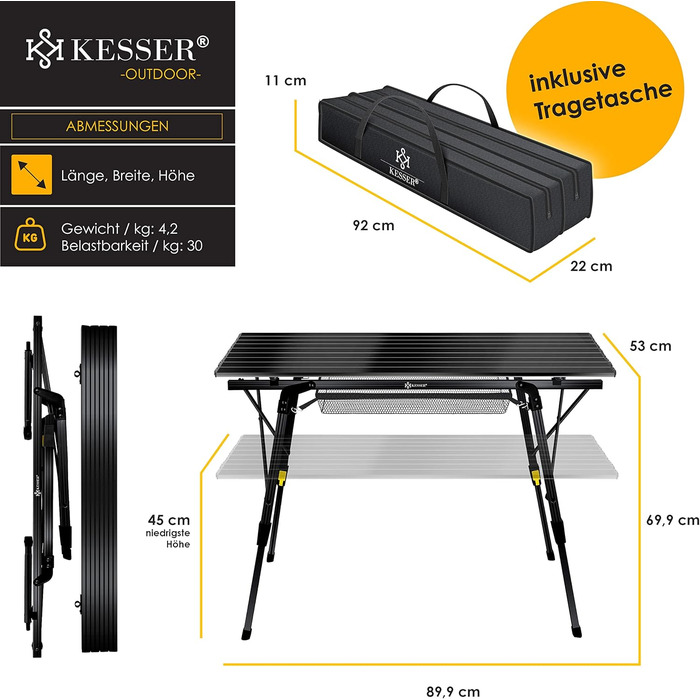 Кемпінговий стіл KESSER® розкладний, з алюмінієвим каркасом, регулювання висоти, 90x53 см, до 100 кг, чорний, з сумкою та сітчастою кишенею