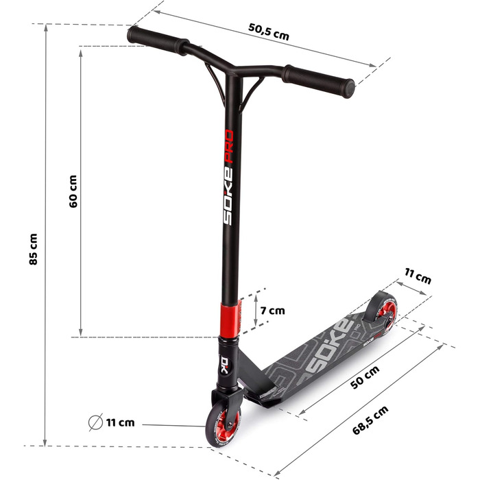 SOKE Stunt Scooter PRO: трюковий самокат для дорослих та дітей, ABEC 9 підшипники, чорно-червоний, вантажопідйомність 100 кг