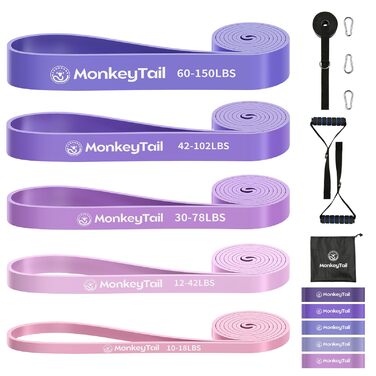 Набір гумових еспандерів MonkeyTail 5 рівнів опору для фітнесу, йоги та силових тренувань (фіолетово-рожевий) + анкер для дверей + ручки, унісекс