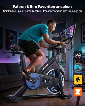 Велотренажер MERACH з магнітним опором, тихий, з покращеним амортизованим сидінням, власний додаток, стабільний H-фрейм, до 150 кг, блакитний з екраном
