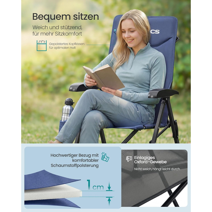 Складний туристичний стілець SONGMICS для дорослих, регульована спинка, обертовий підсклянник, для відпочинку на природі, риболовлі, саду, блакитний