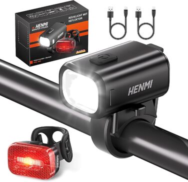 Світлодіодний набір велосипедних ліхтарів HENMI, USB-заряджання, передній і задній ліхтар, StVZO, водонепроникний IPX5, задній з рефлектором