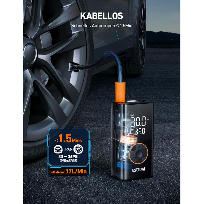 AstroAI Бездротова електрична повітряна помпа, портативна акумуляторна помпа для велосипеда з LED-ліхтариком, для велосипеда, електробіка, авто, мотоцикла, м'ячів (чорний)