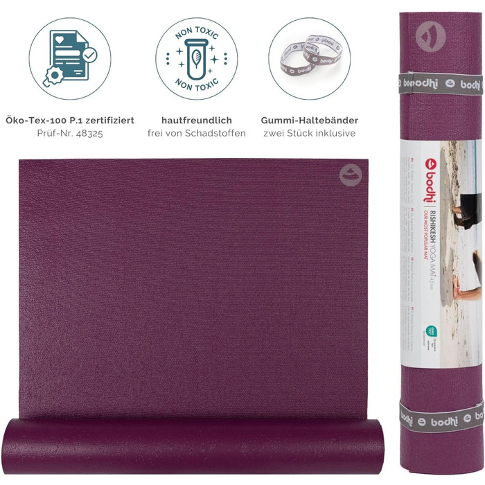 Йога-мат Bodhi Rishikesh Premium 60 XL, нековзкий, екологічний, для йоги та пілатесу, OEKO-TEX, німецька якість, колір wild berry