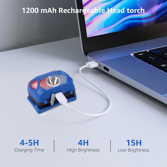 Лепро налобний ліхтар LED перезарядна, 000 люкс, супер яскравий, з червоним світлом та 6 режимами, IPX4 вологостійкий, для кемпінгу та бігу, шт. [з USB кабелем] (Синій, 2)