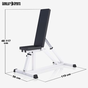 GORILLA SPORTS® Регульована лавка для жиму 200 кг, чорна/біла — тренувальна лавка, негативна, похила, універсальна для фітнесу вдома